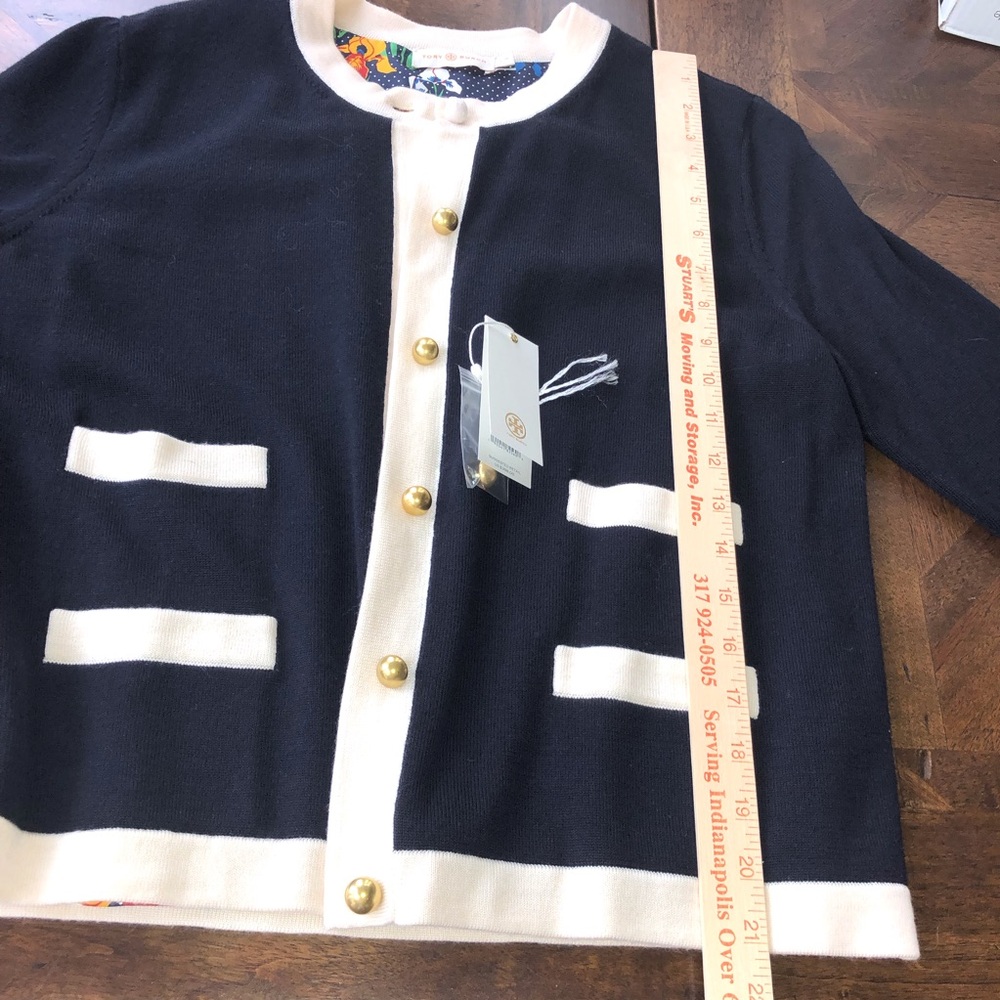 Tory Burch Kendra Cardigan Navy With Contrasting Cream Trim Size L - Picture 15 of 15